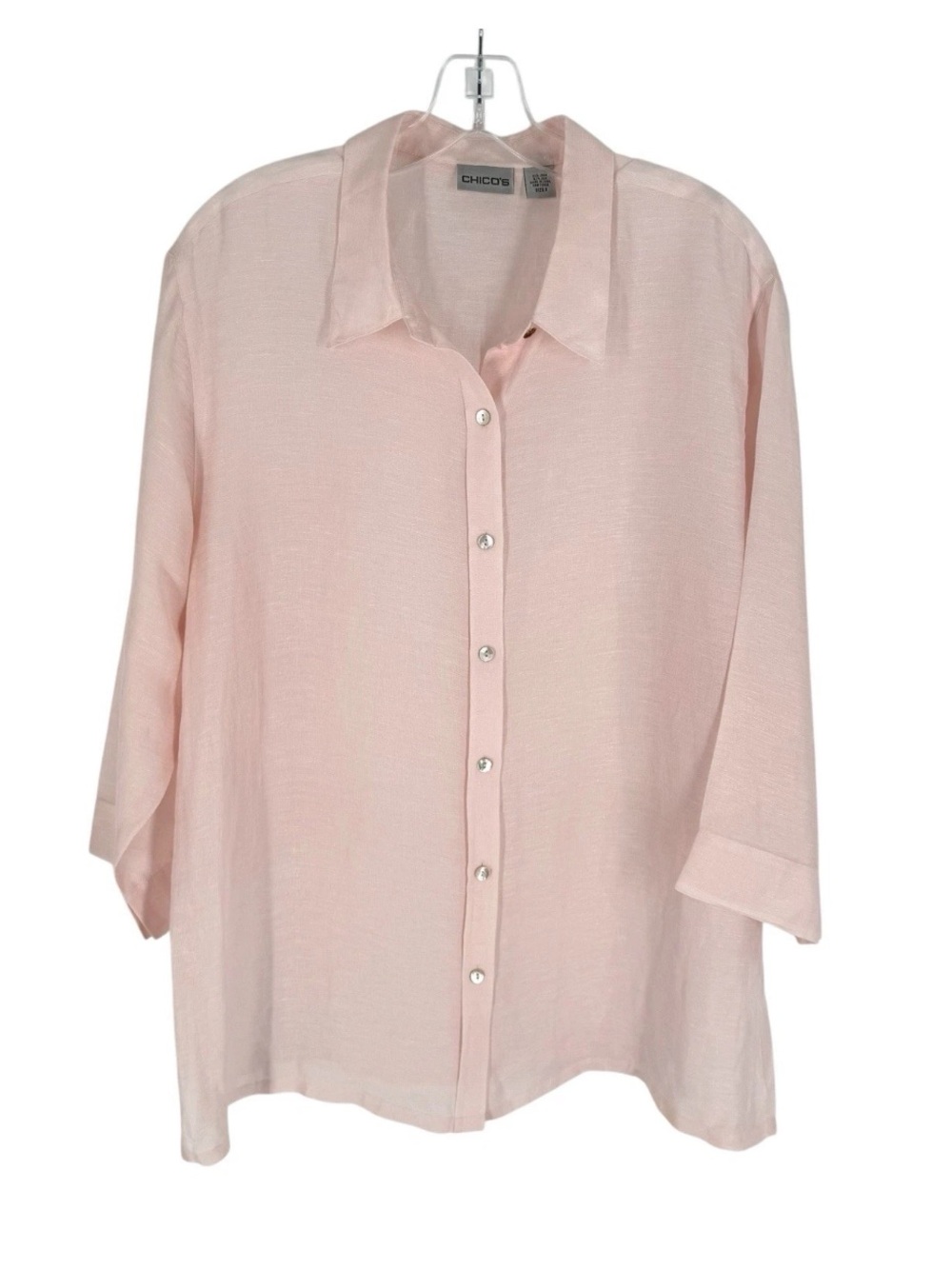 Chicos Linen Silk Blouse Size 3 Pink Shell Button 3/4 Sleeve Womens XL